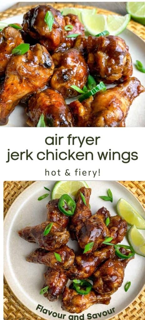 Two images with text for Air Fryer Jerk Chicken Wings.