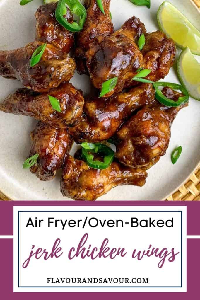 image with text overlay for air fryer jerk chicken wings