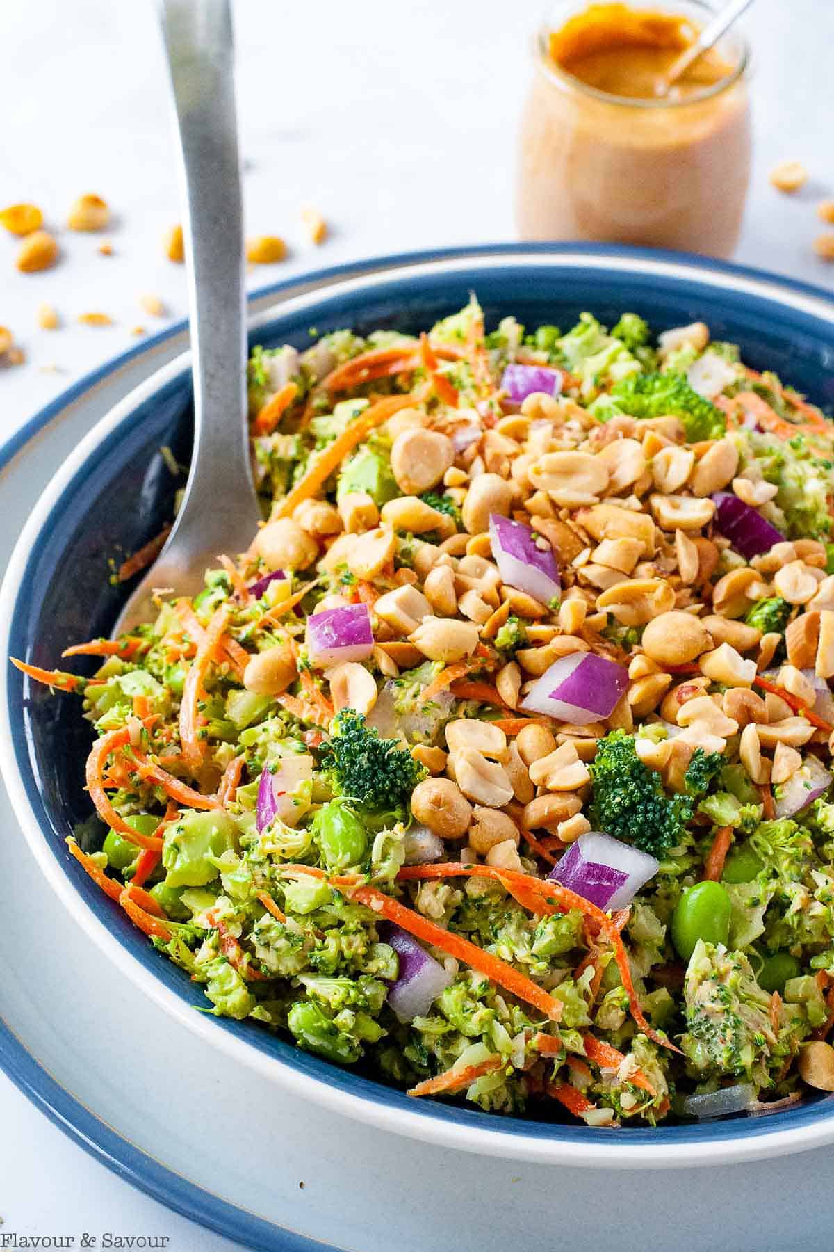 Broccoli Salad topped with roasted peanuts