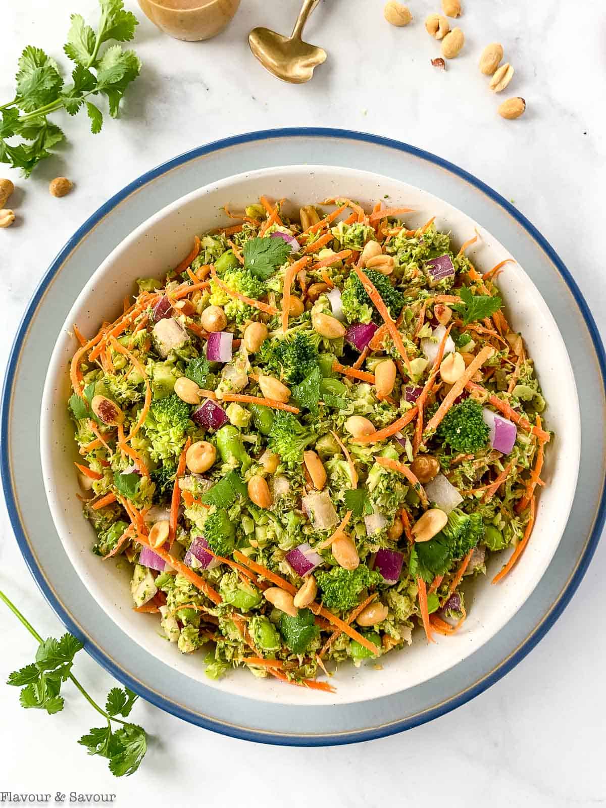 Asian broccoli salad with peanut sauce in a shallow round serving dish.