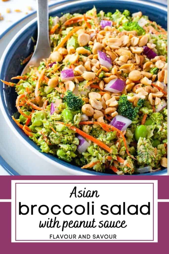 Image with text for Asian broccoli salad with peanut sauce dressing
