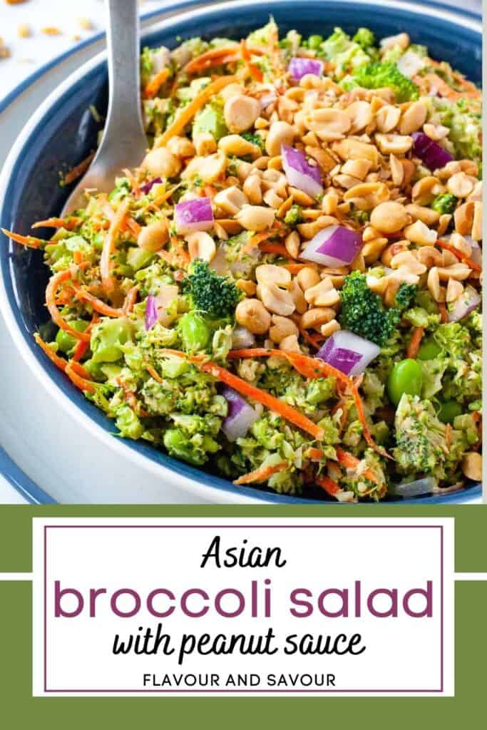 Image with text for Asian broccoli salad with peanut sauce