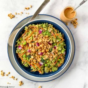 Asian broccoli salad with peanut sauce dressing overhead view