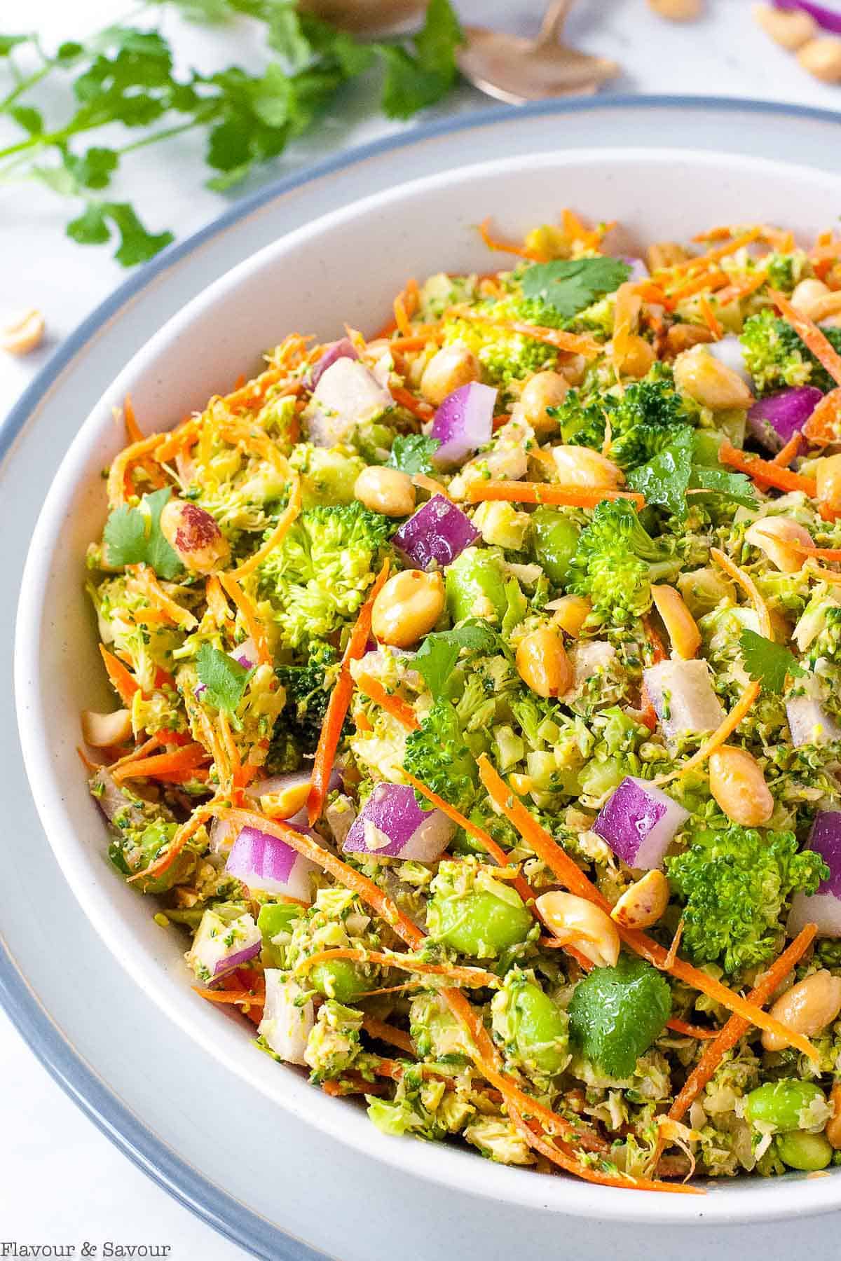 close up view of broccoli salad with edamame and peanut sauce