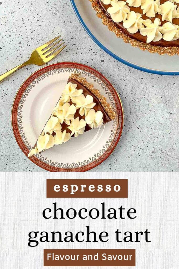 Image and text for espresso chocolate ganache tart with hazelnut crust.