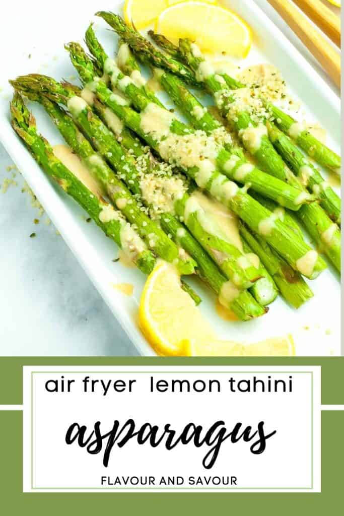 image with text for air fryer lemon tahini asparagus
