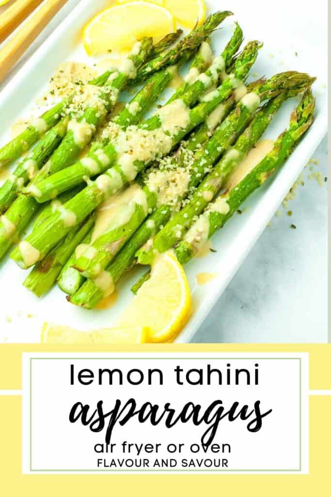 image with text for air fryer lemon tahini asparagus