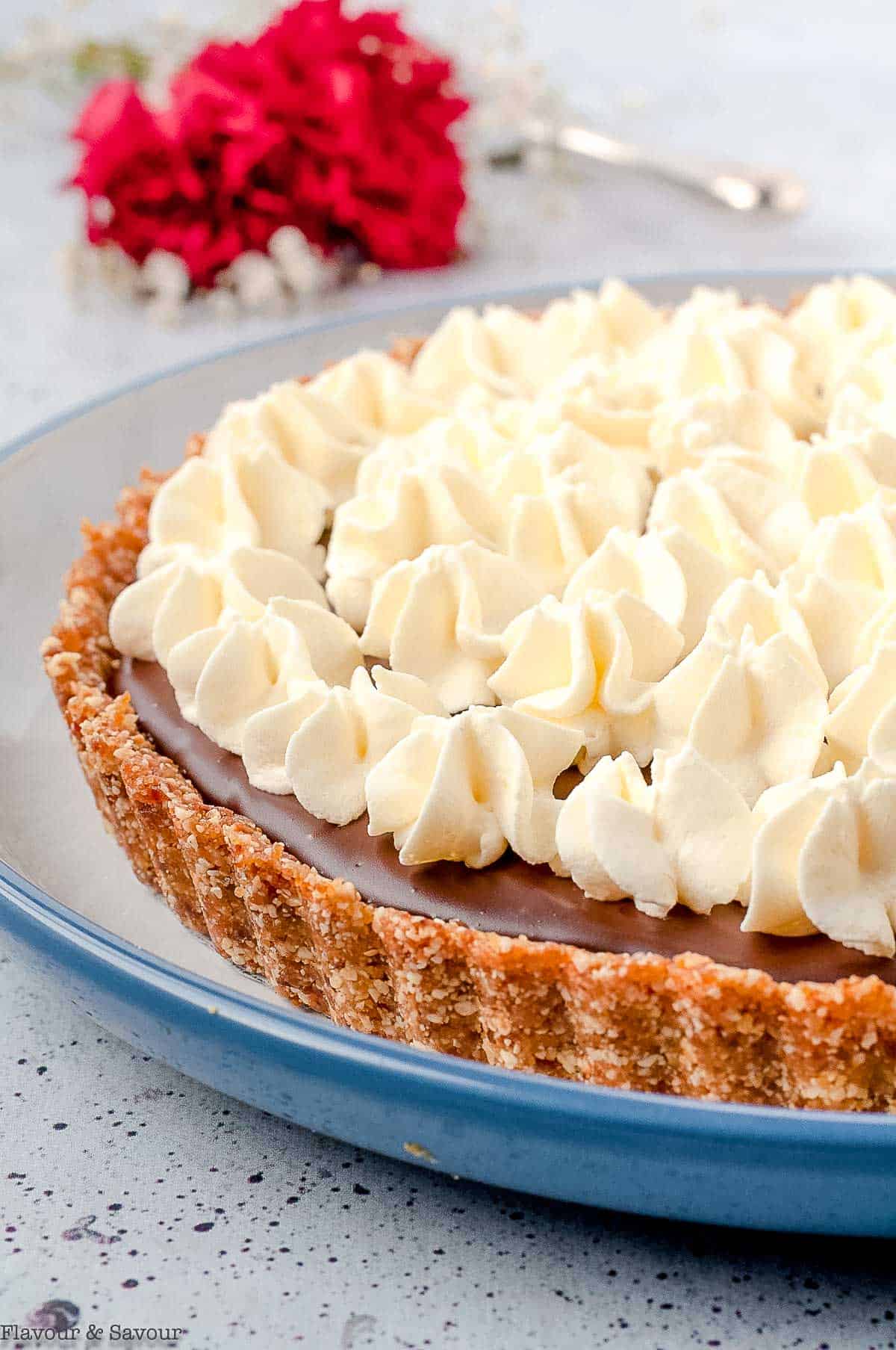 Side view of a chocolate ganache tart with hazelnut crust.