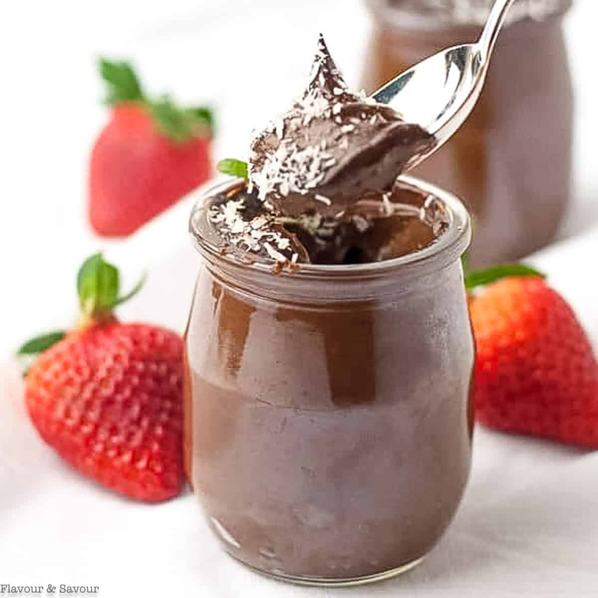 a spoonful of vegan chocolate mousse made with avocado and banana
