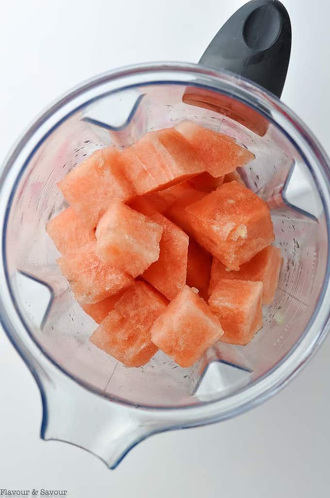 frozen watermelon cubes in a blender