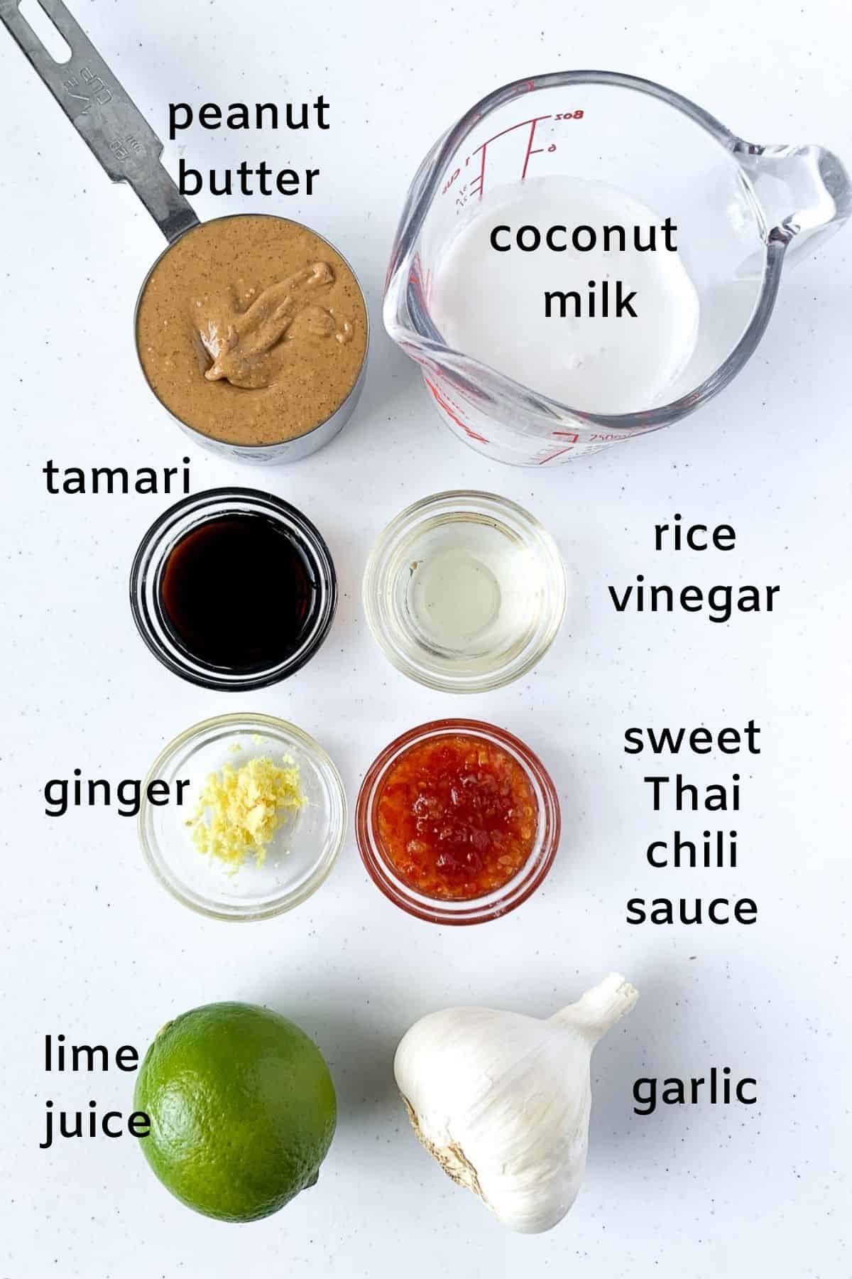 Labelled ingredients for peanut sauce with coconut milk