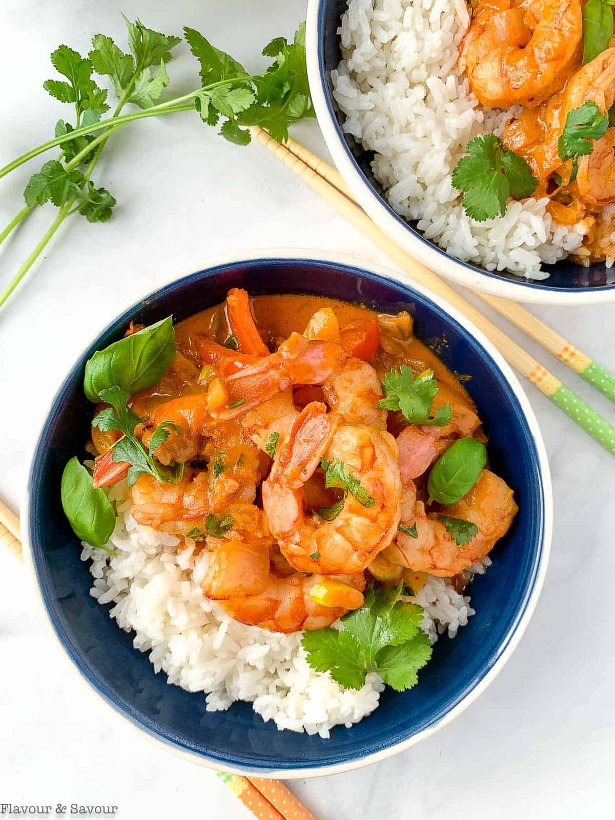 overhead view of a bowl of Thai red curry with shrimp and Jasmine rice.