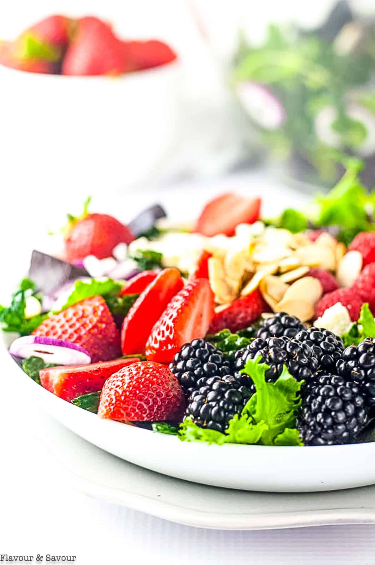 a bowl of green salad with 3 kinds of berries.