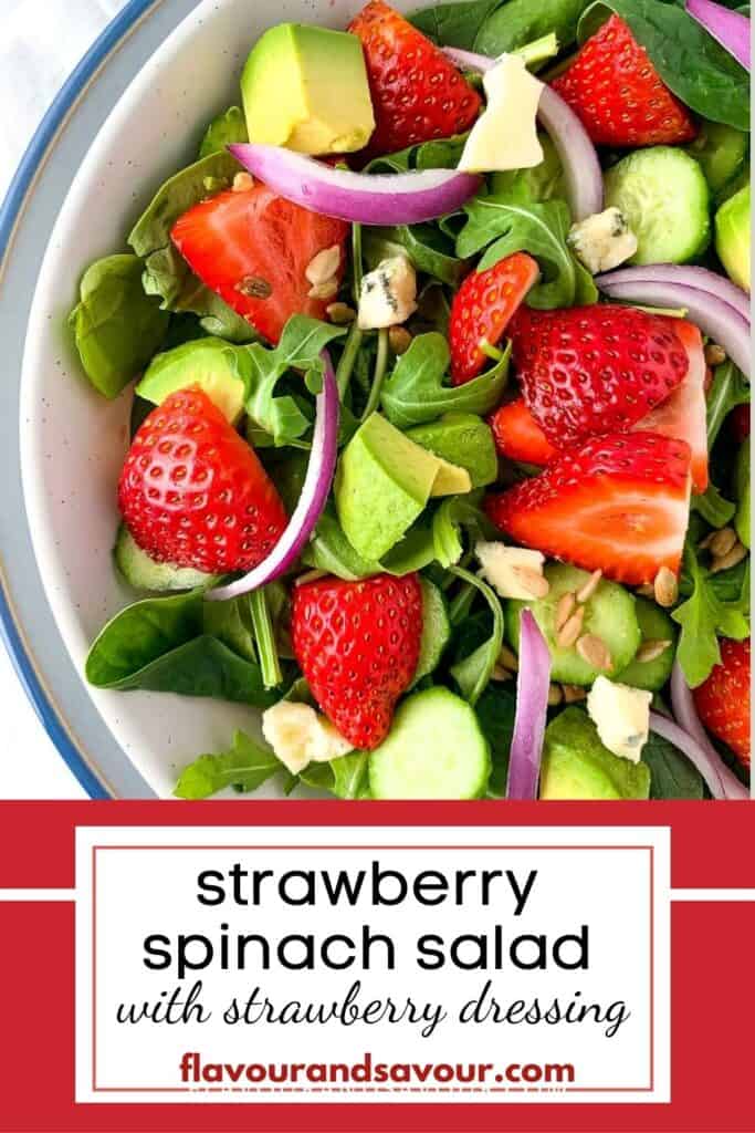 image and text for strawberry spinach salad with strawberry vinaigrette.