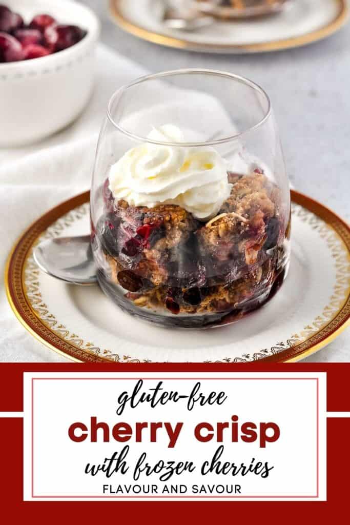 Image with text overlay for gluten-free cherry crisp.