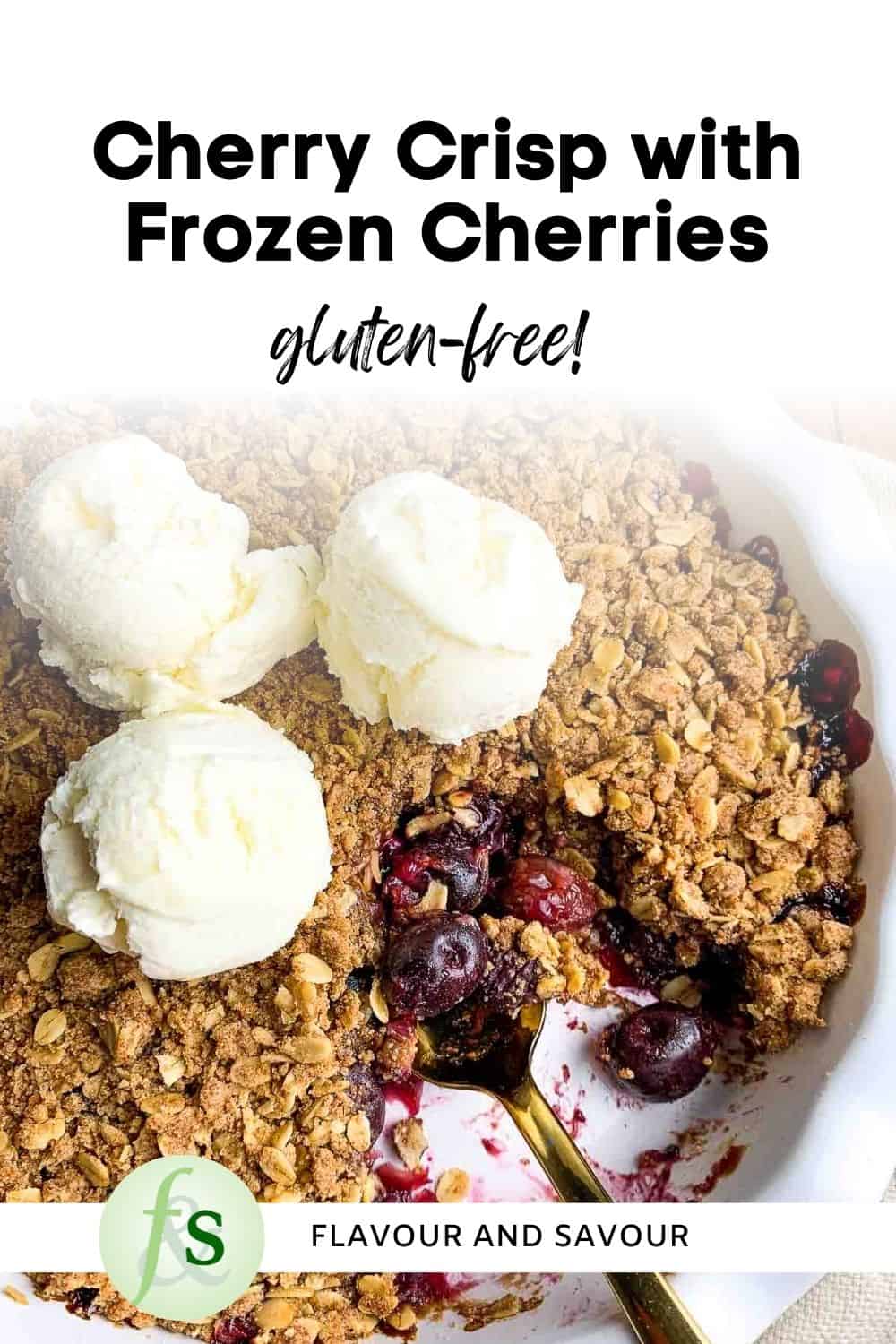 Image with text for cherry crisp made with frozen cherries.