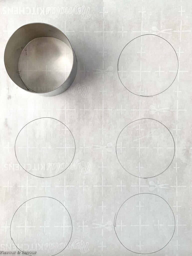 Circles drawn on parchment paper for pavlova bases