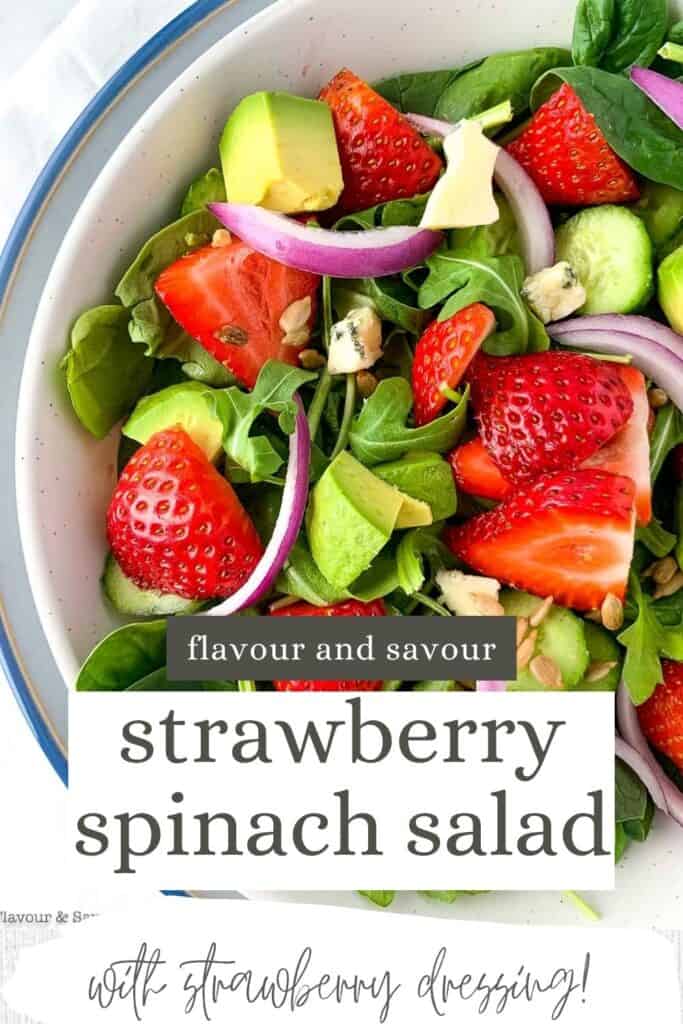 Image with text overlay for strawberry spinach salad with strawberry dressing.