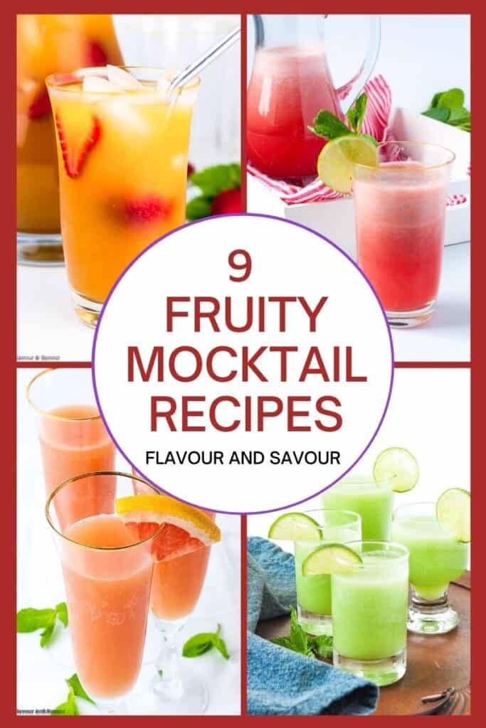 A collage of images for fruity mocktail recipes.