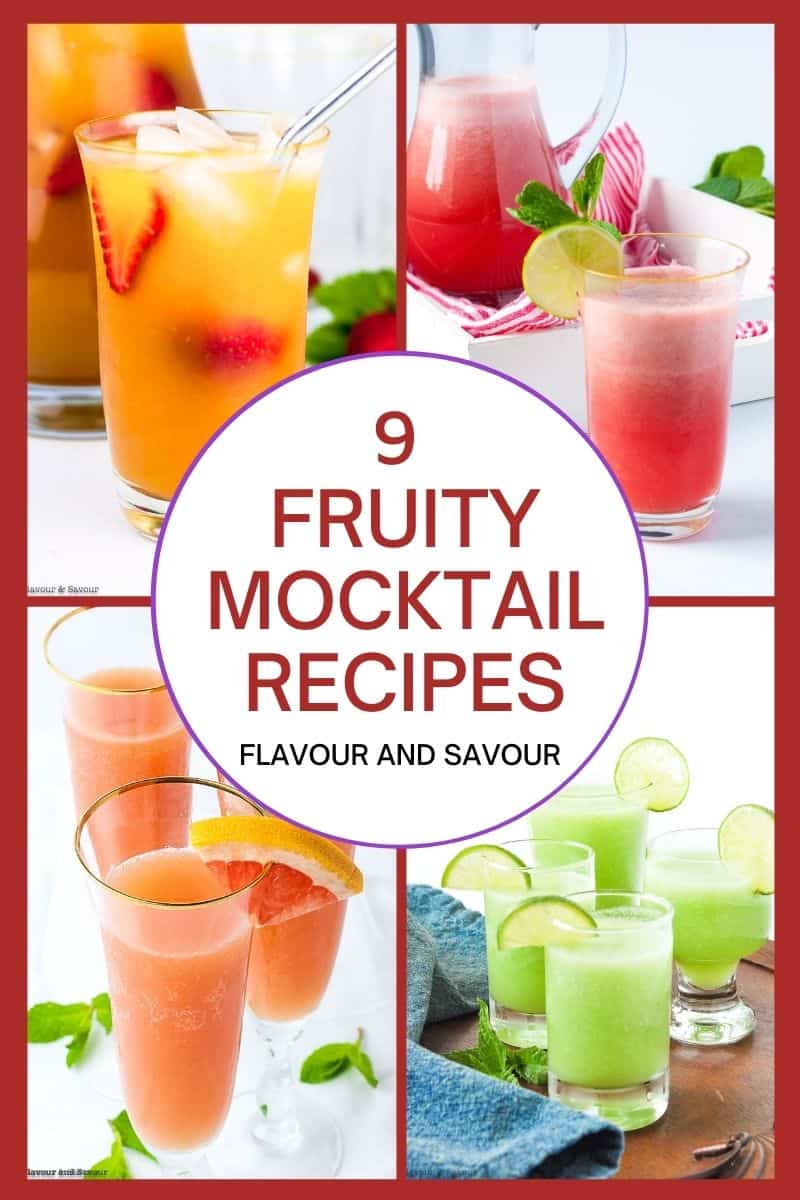 A collage of images for fruity mocktail recipes.