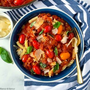 Arrabbiata Sauce on pasta with cherry tomatoes