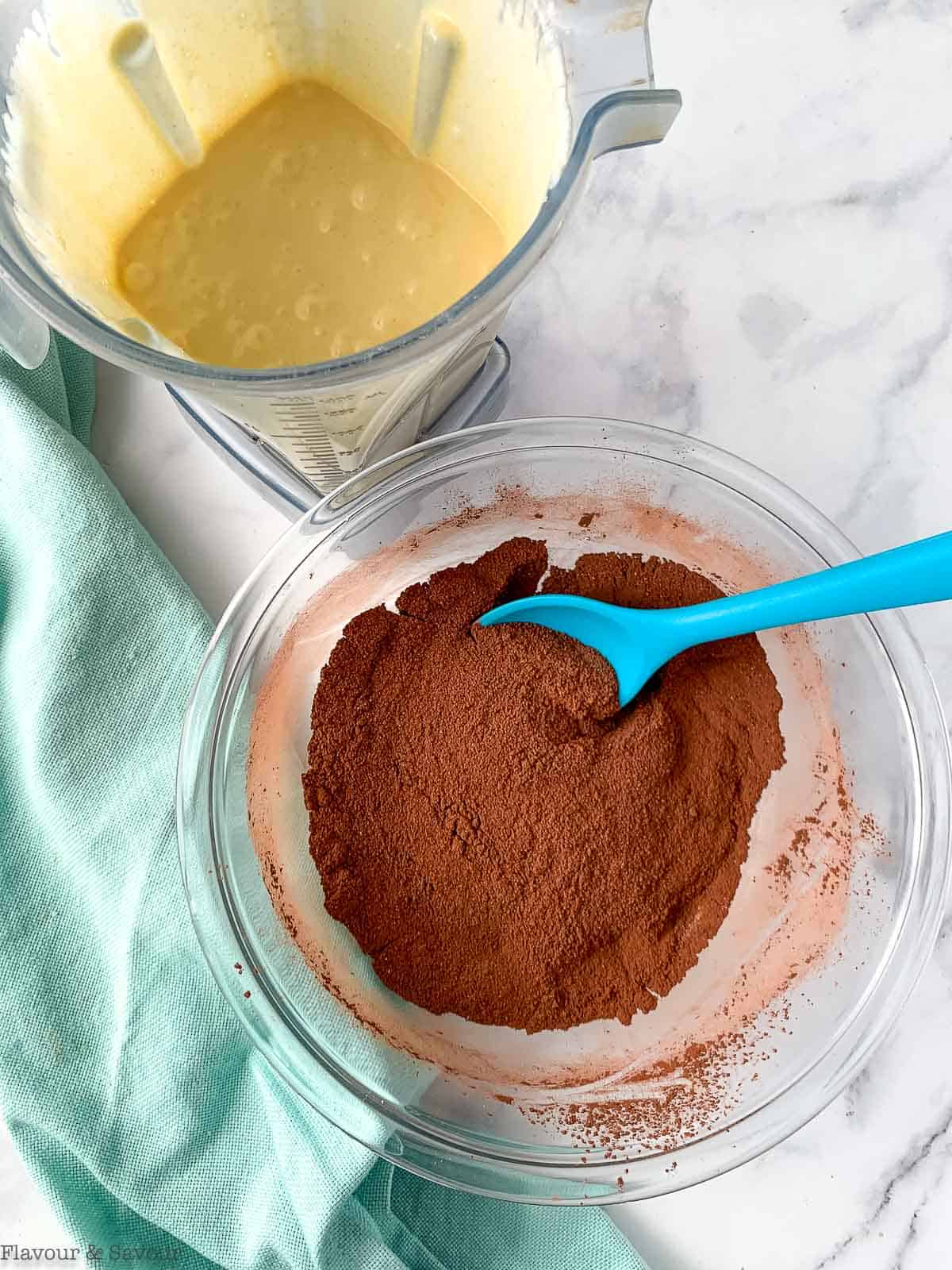 wet ingredients in a blender, dry ingredients in a bowl