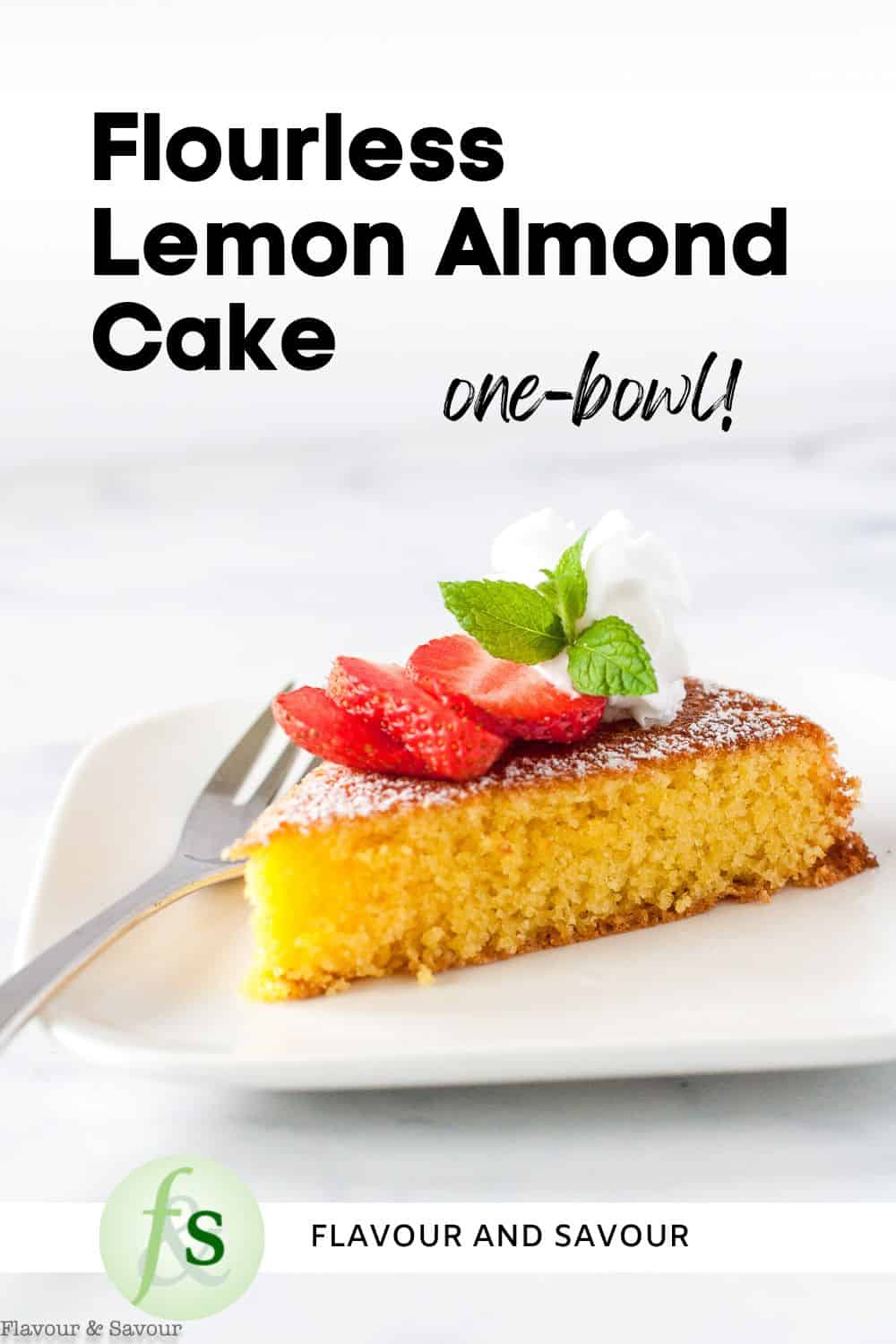 Image with text overlay for Flourless Lemon Almond Cake.