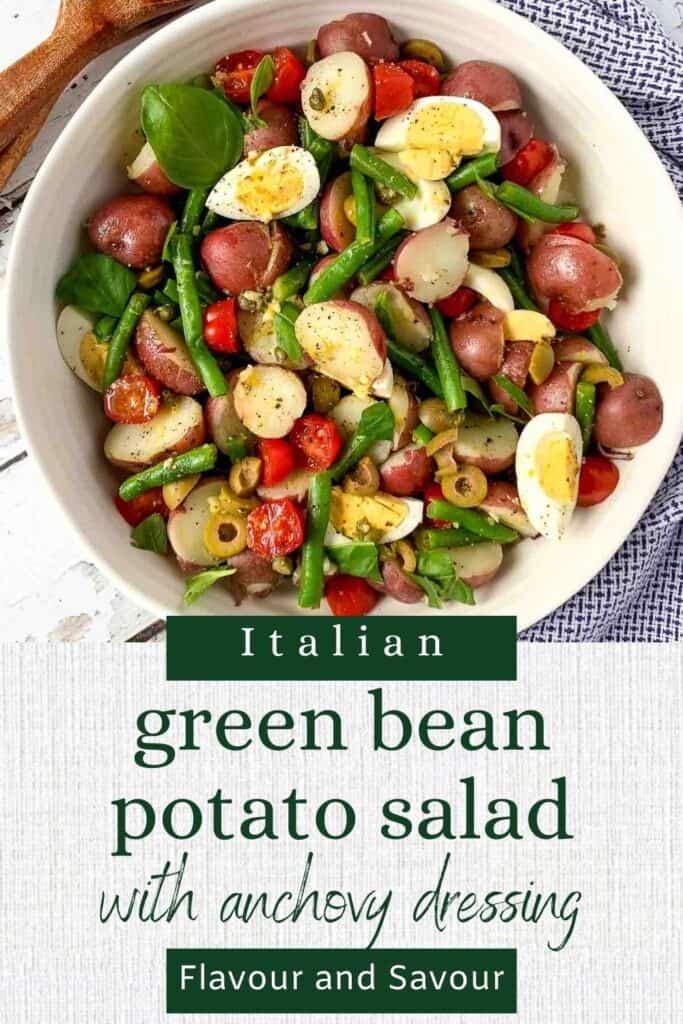 image with text for green bean potato salad with anchovy dressing.