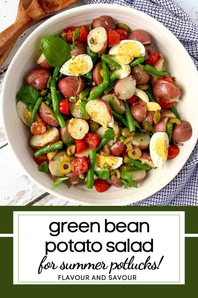 image with text overlay for green bean potato salad for summer potlucks.