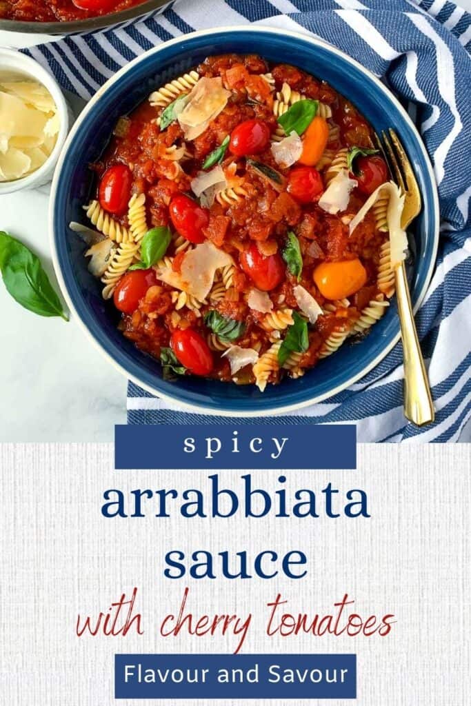 image with text for arrabbiata sauce with cherry tomatoes.