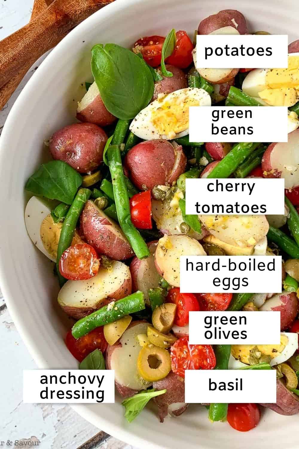 Labelled ingredients for green bean potato salad with anchovy dressing.