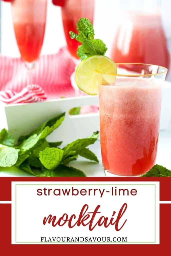 image with text for strawberry lime mocktail.