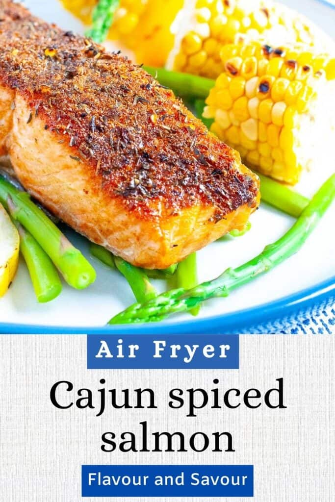 image with text for air fryer Cajun spiced salmon.