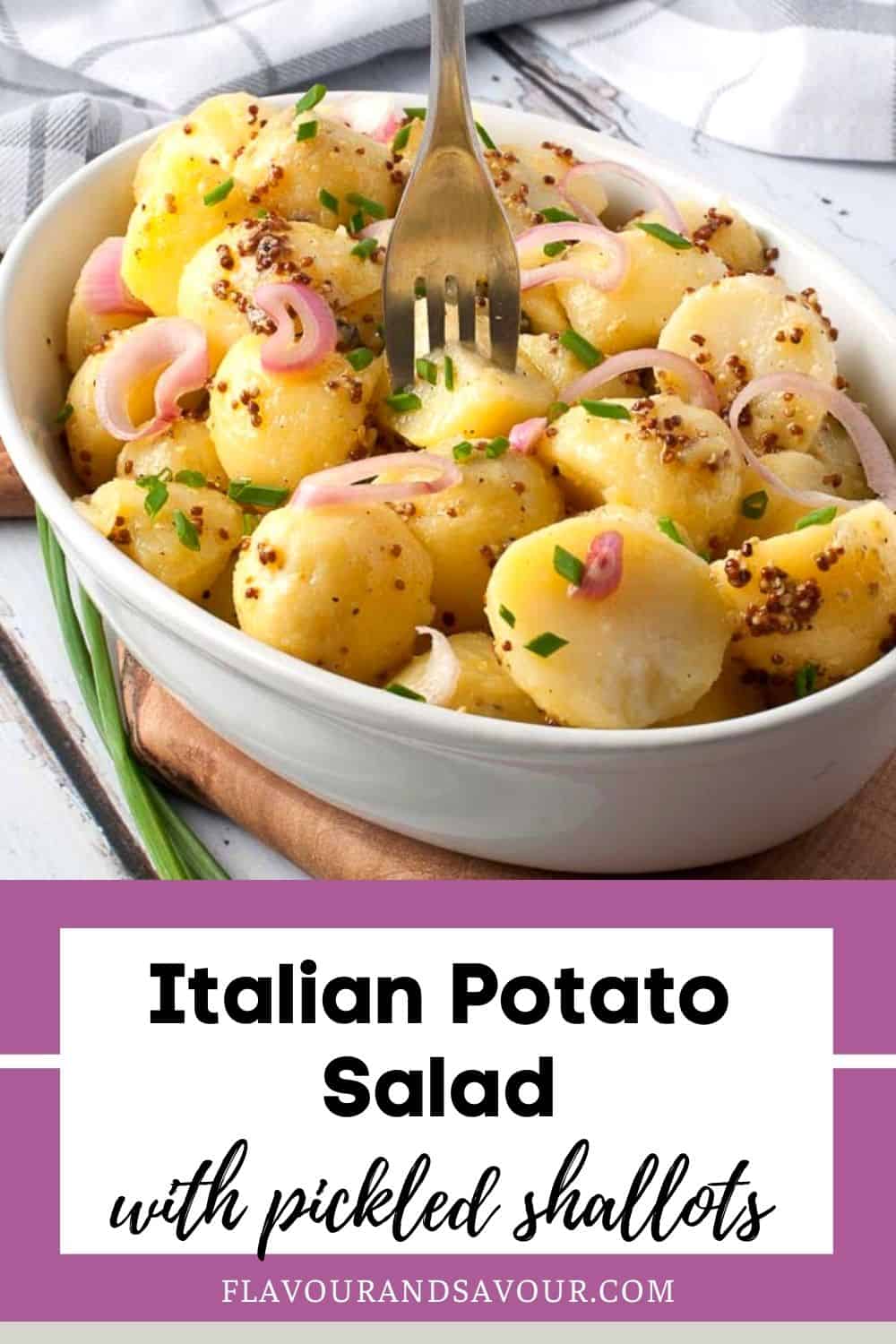 Image with text for Italian Potato Salad with Pickled Shallots.