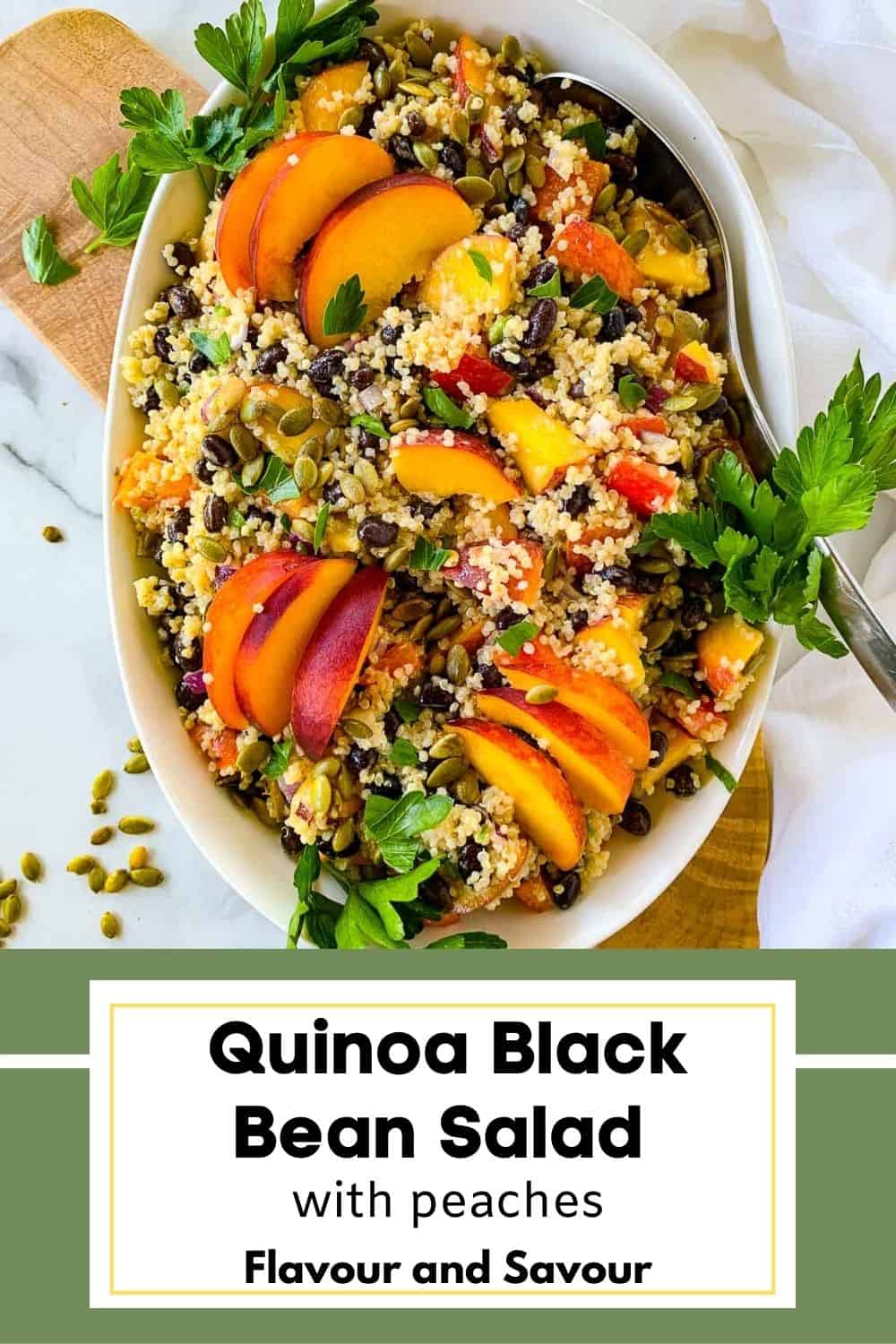 image with text for quinoa black bean salad with peaches.
