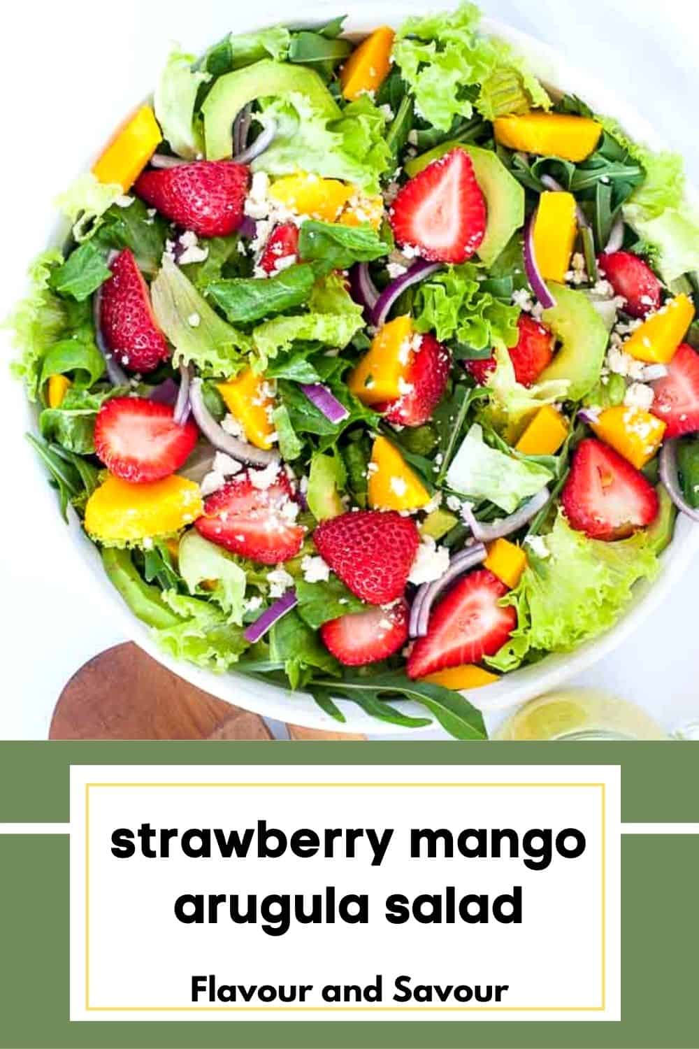 image with text for strawberry mango arugula salad.