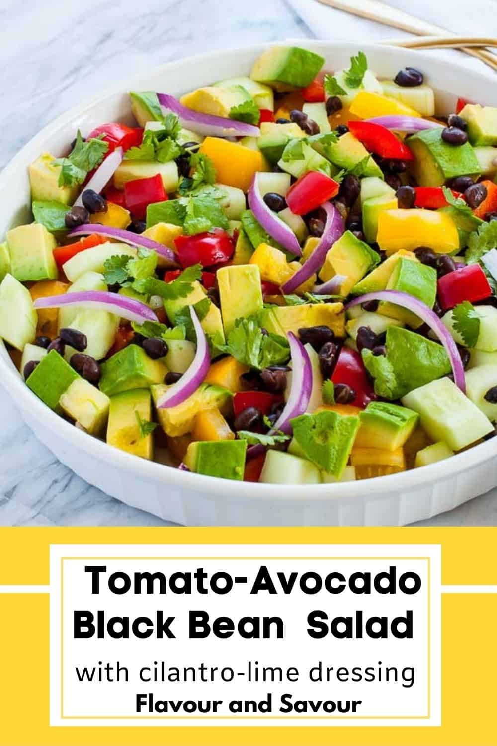 Tomato Avocado Black Bean Salad image with text overlay.