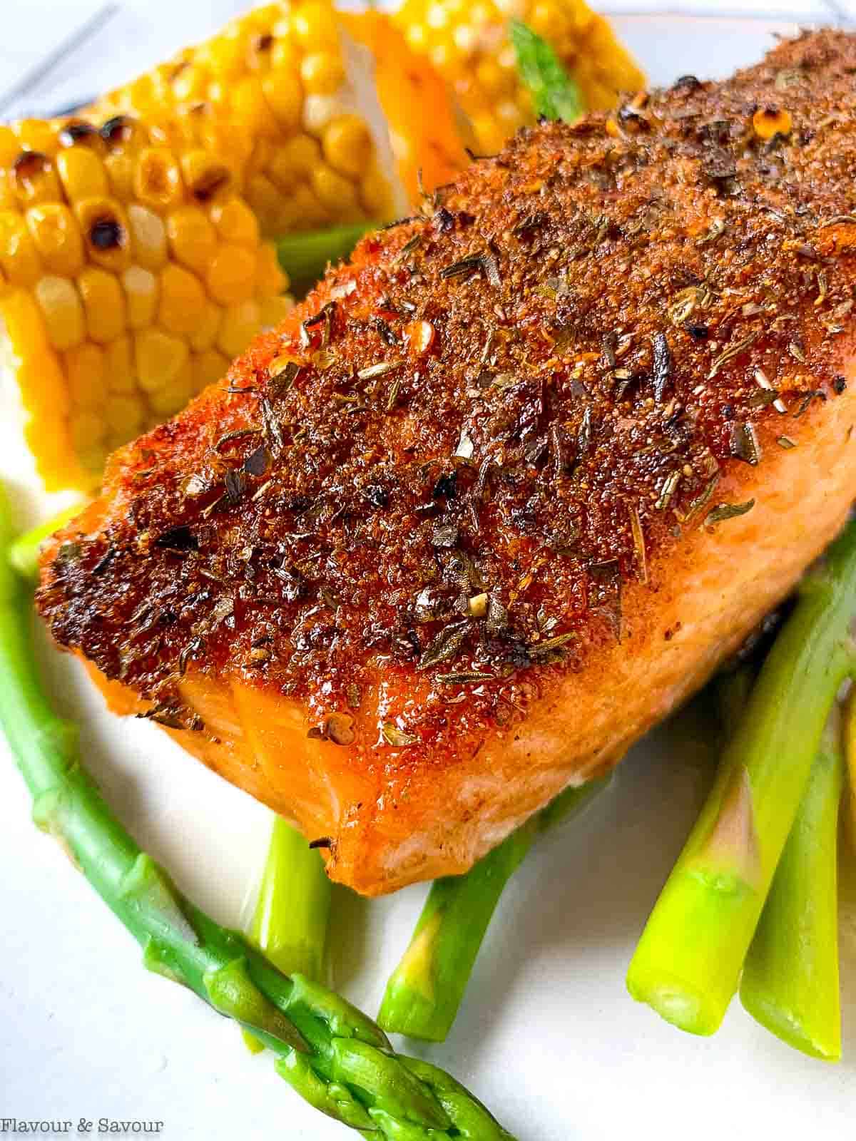 Crispy crust on an air fried Cajun salmon fillet.