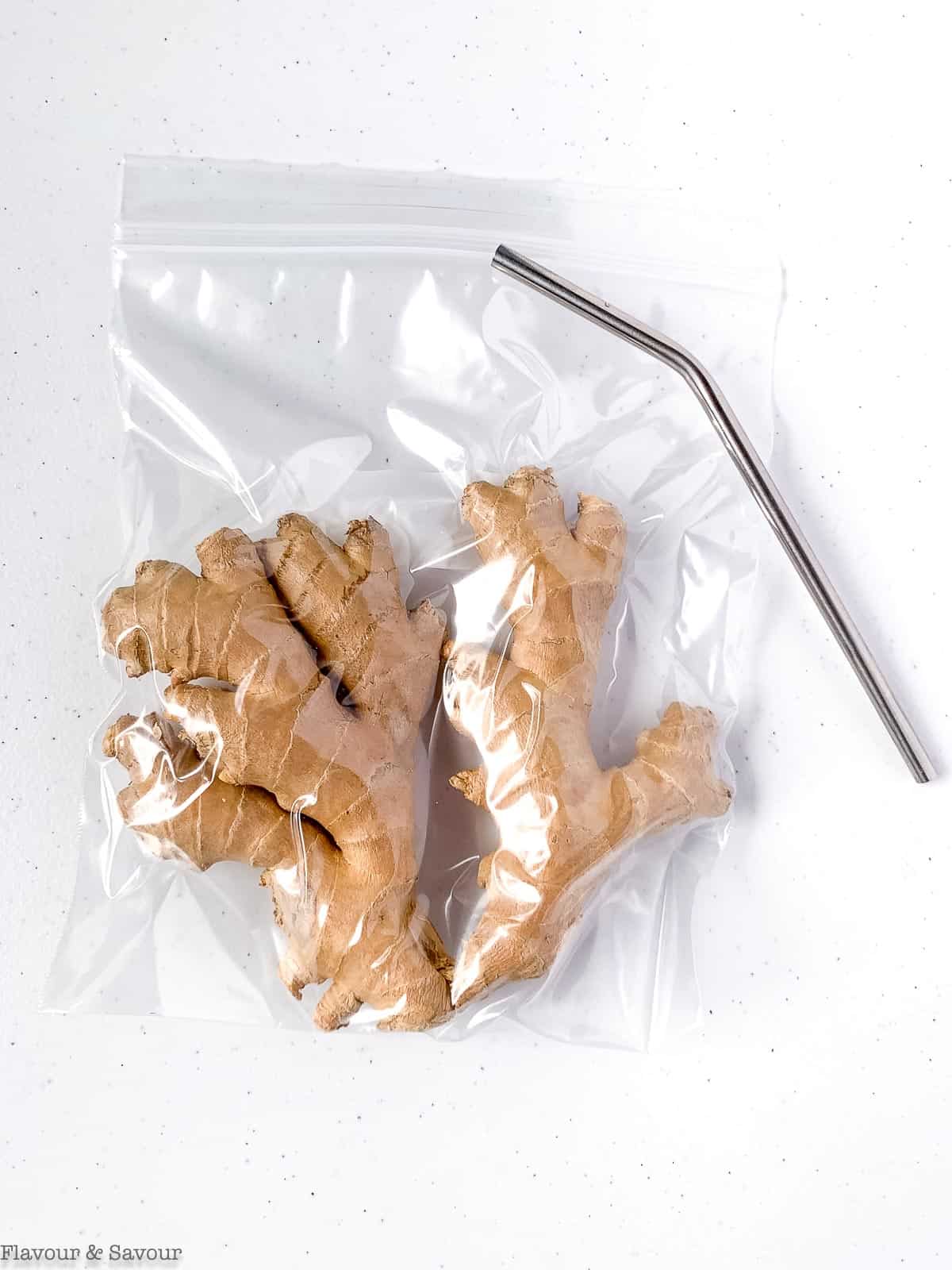 fresh ginger root in a plastic storage bag.