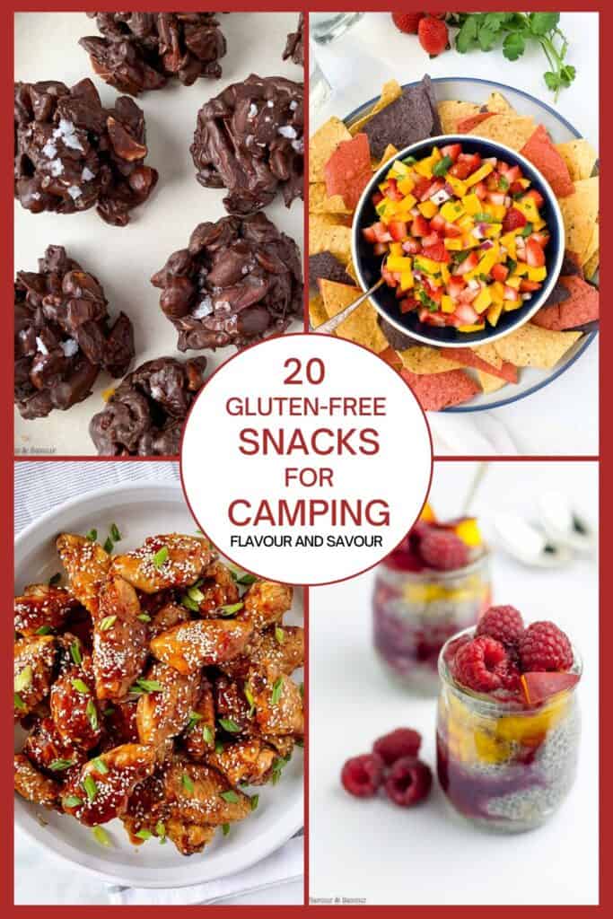 Image collage and text for 20 gluten-free snacks for camping.