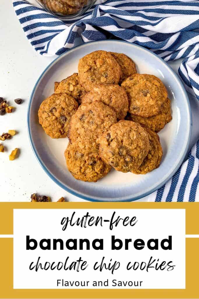 Image with text overlay for Gluten-free Banana Bread Cookies with Chocolate Chips.