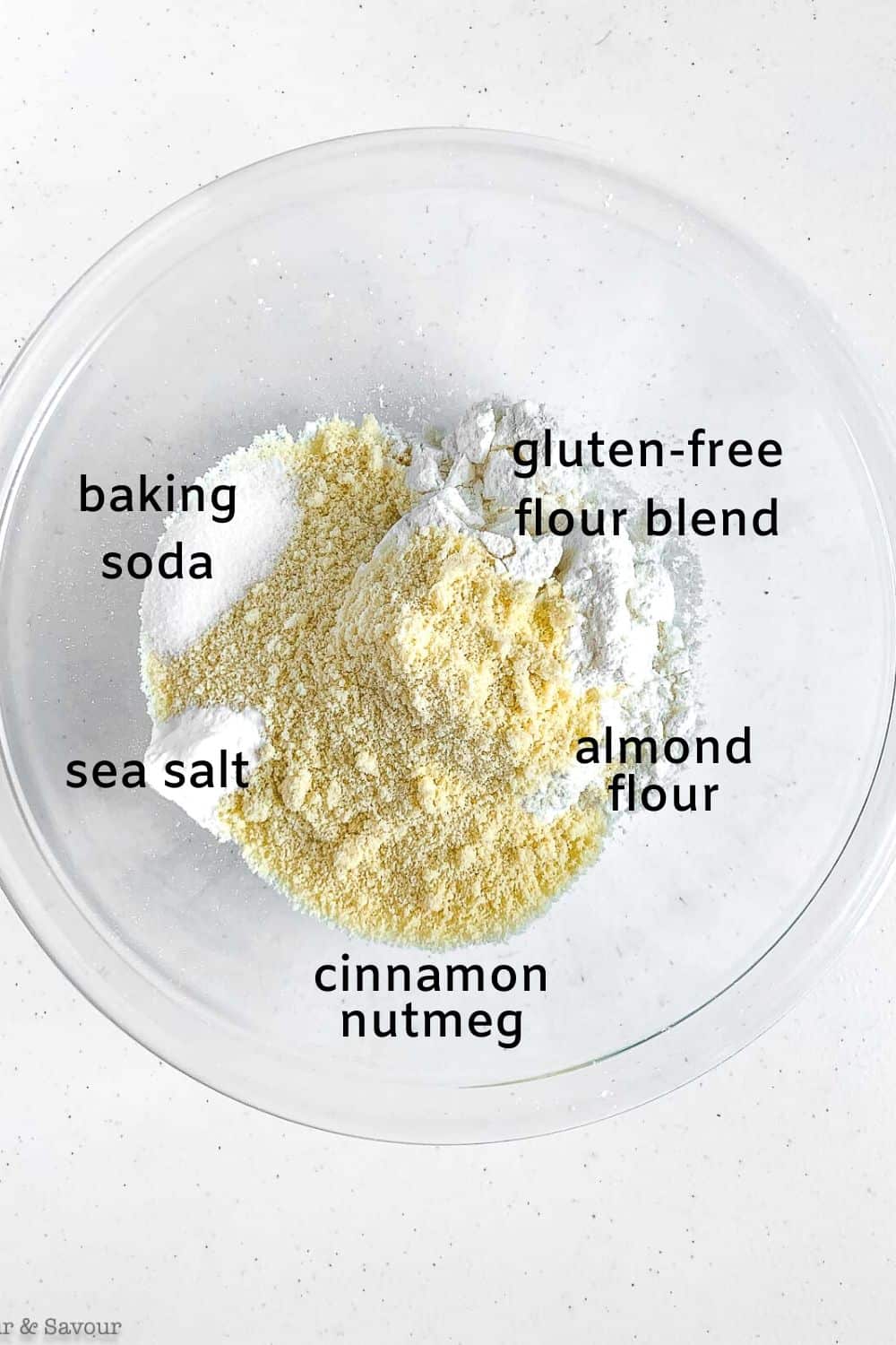 Labelled dry ingredients for gluten-free banana bread cookies.