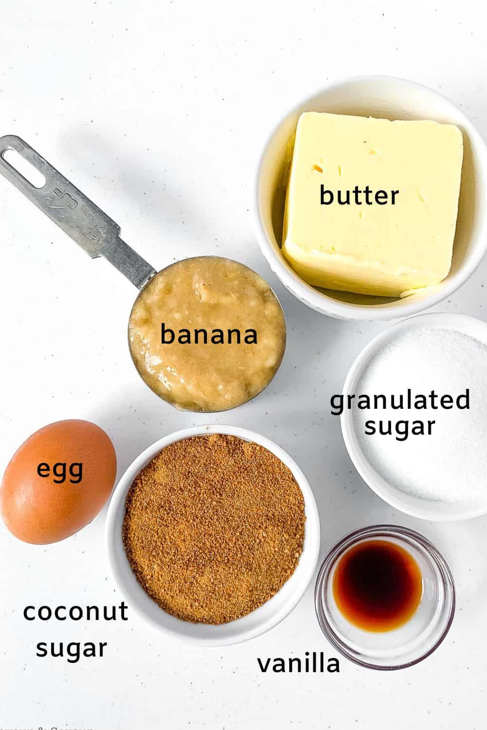 Ingredients for banana bread cookies with labels.