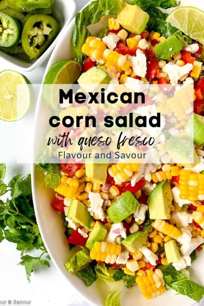 Image with text overlay for Mexican Corn Salad with Queso Fresco