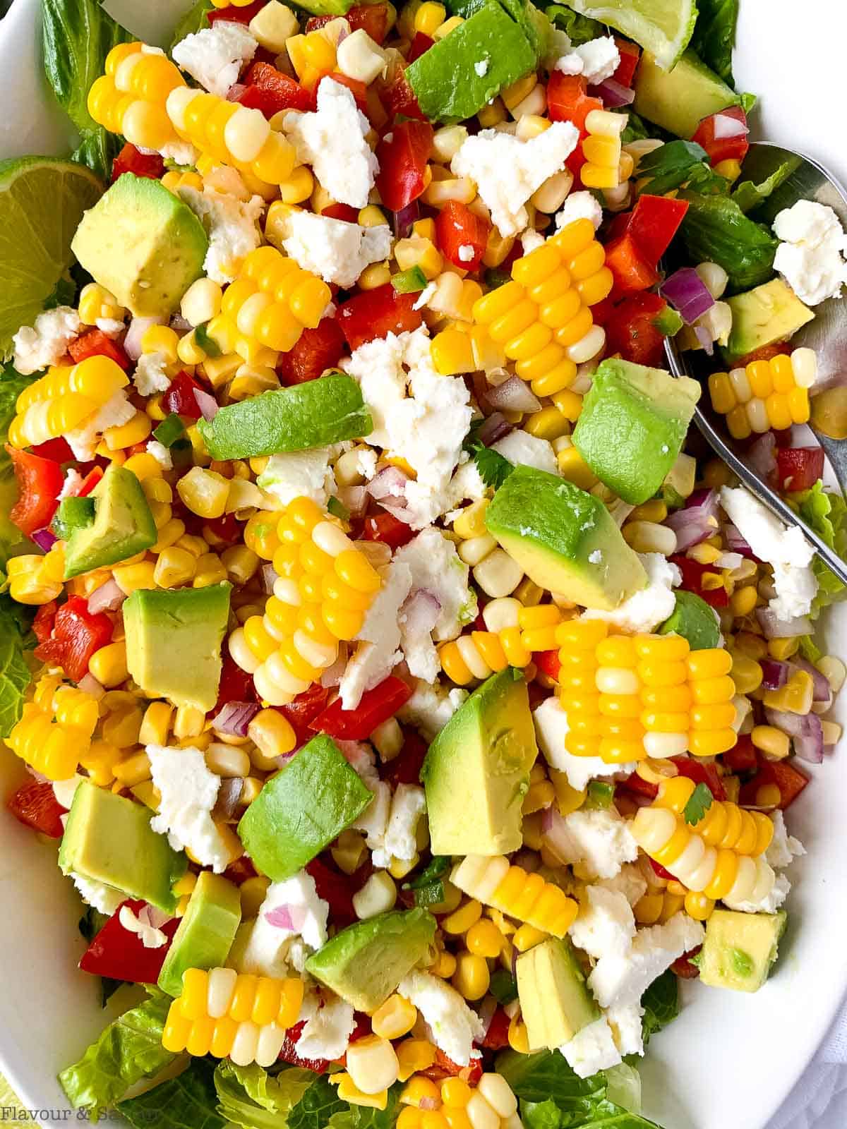 Close up view of Mexican Corn Salad with Queso Fresco