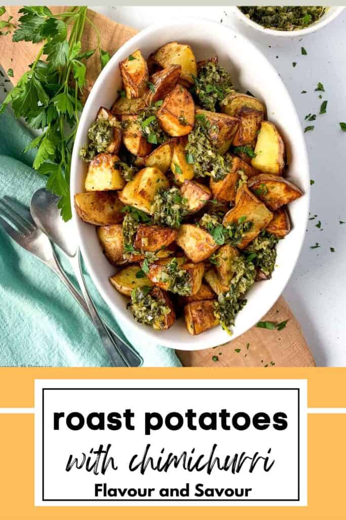 Text with image for Air Fryer Roasted Potatoes with Chimichurri Sauce.