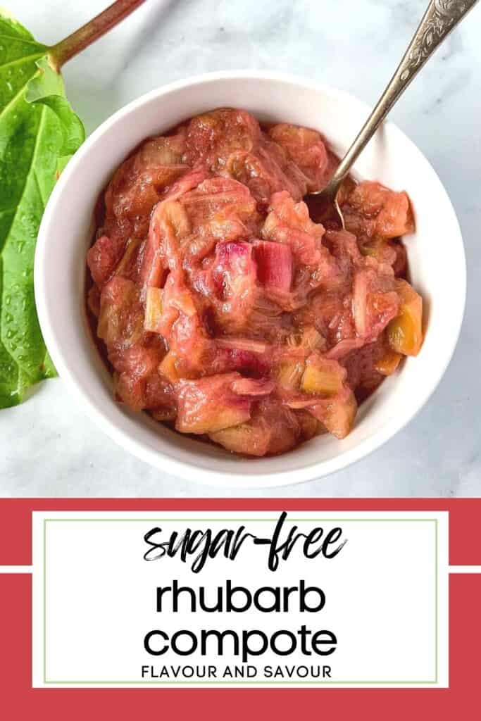 image with text for sugar-free rhubarb compote.