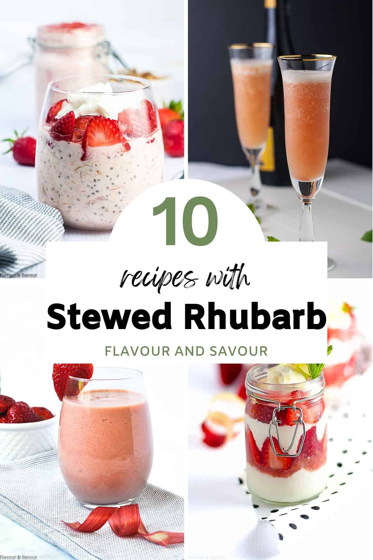 A collage of images of recipes using stewed rhubarb with text overlay.