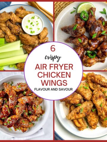 A collage of images for crispy air fryer chicken wings.