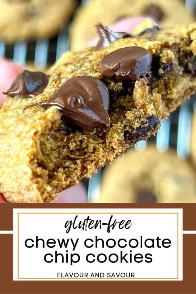 Image with text for gluten-free chewy chocolate chip cookies.